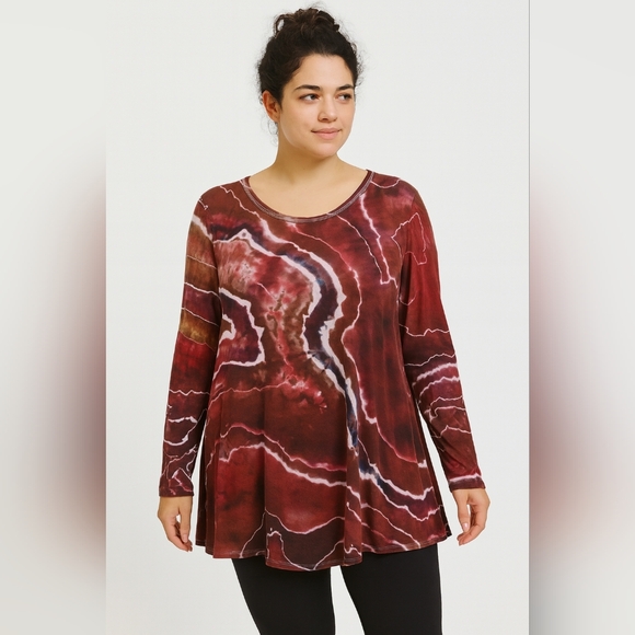 ZION Ladies Large Red and Brown Long Sleeve Tie Dye Stretchy Tunic - Picture 1 of 5